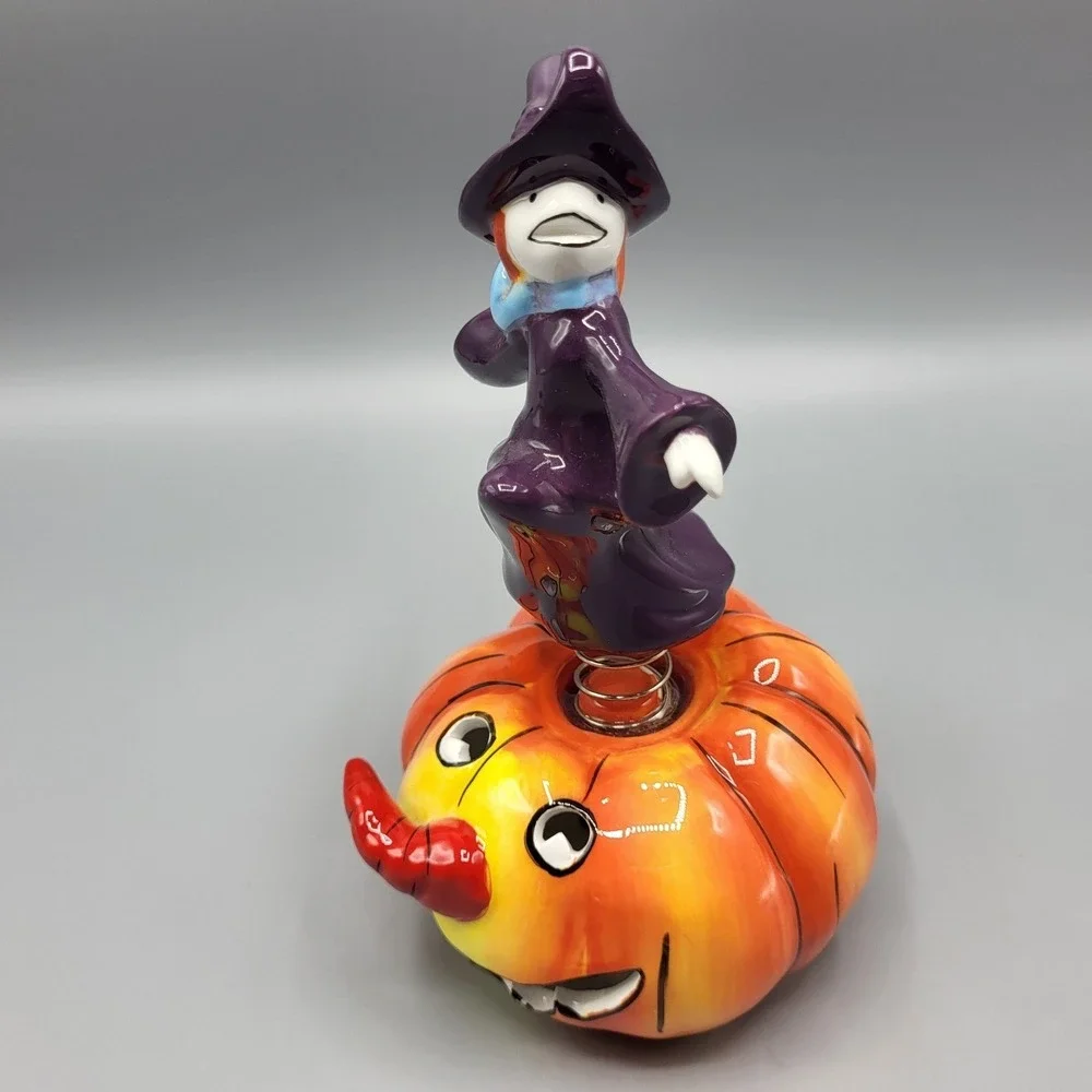Apple's Halloween Witch on Pumpkin Bobble Figurine Decor 7.5in Purple Orange